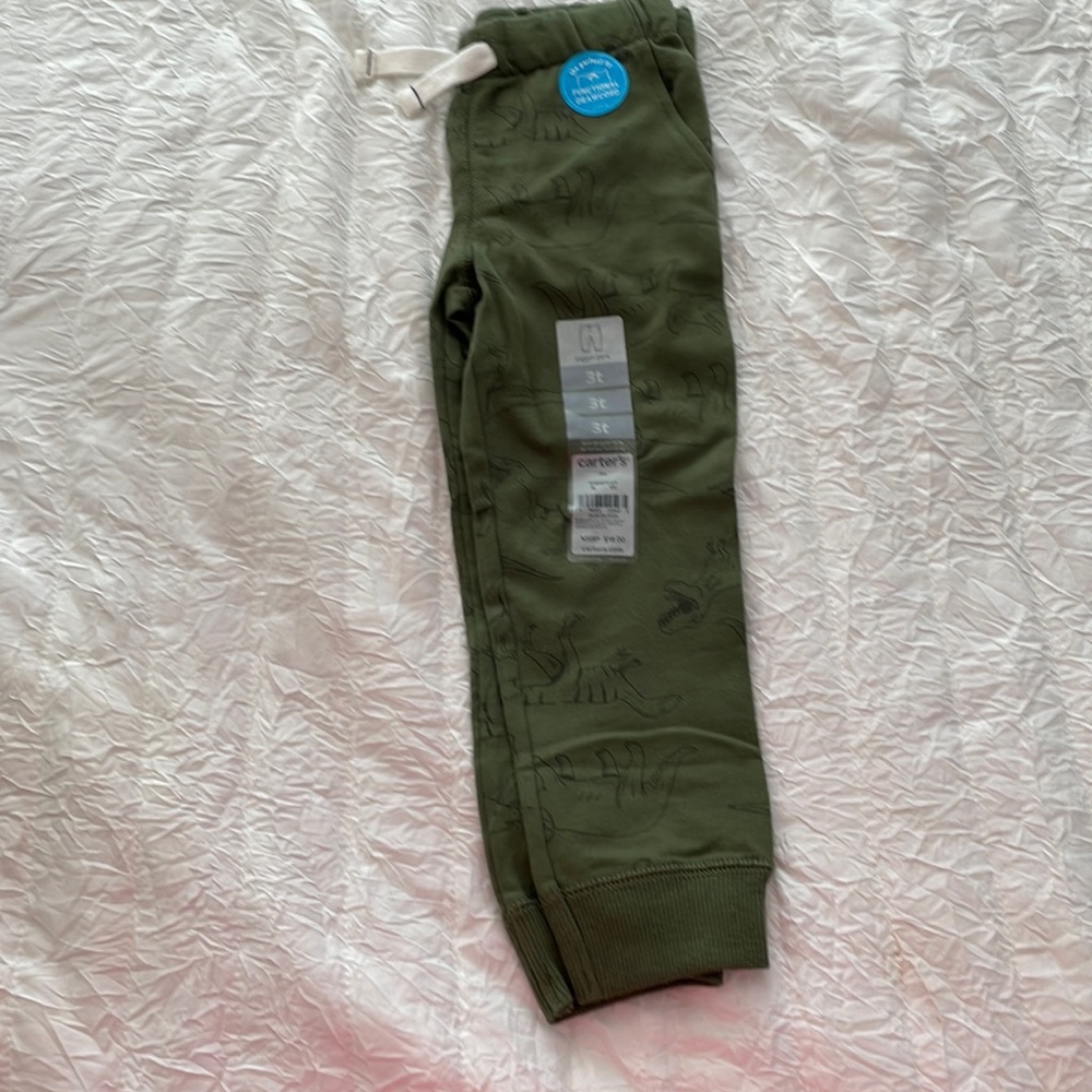 Dark green toddler boys sweatpants with dinosaur print